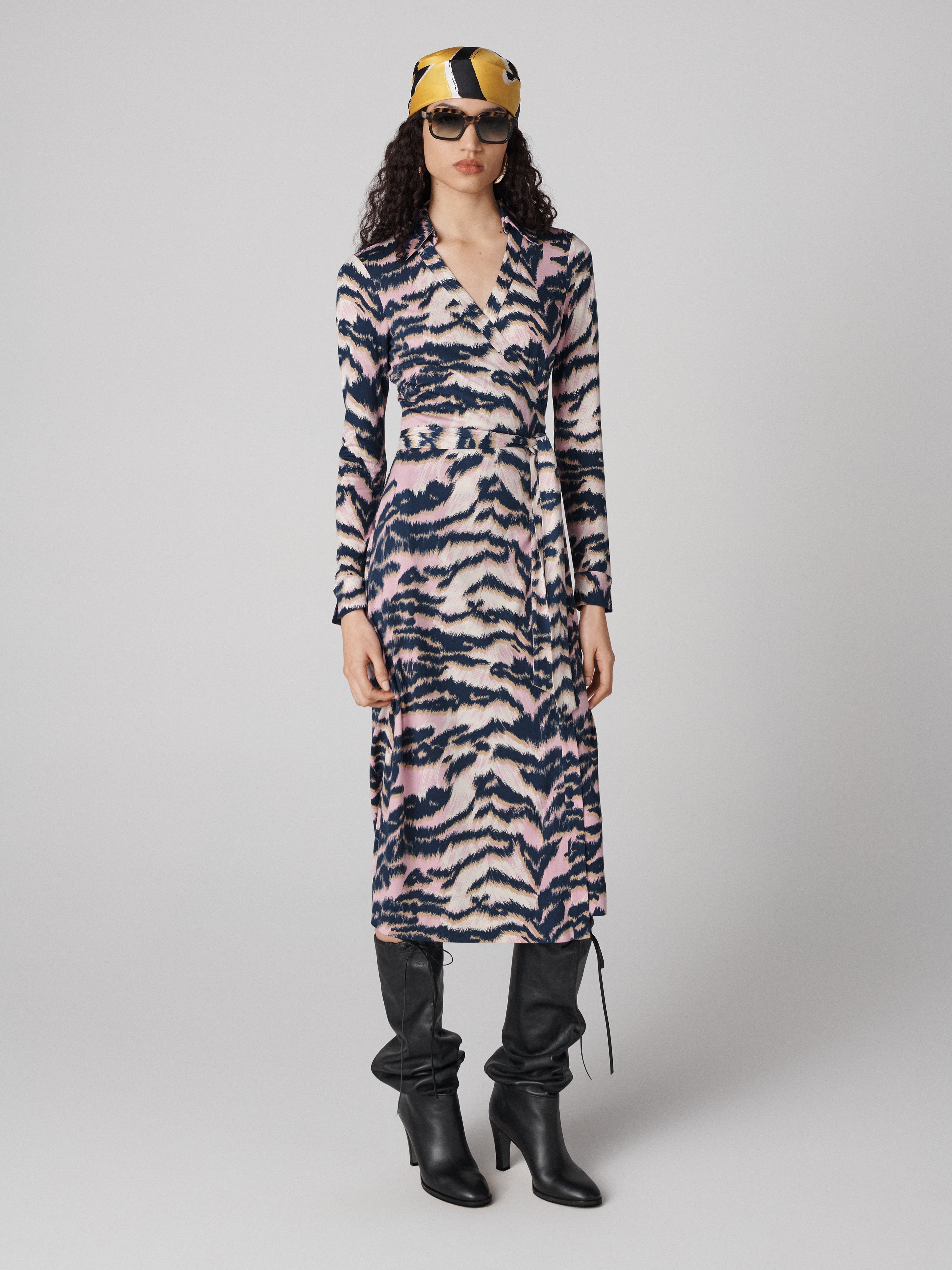 Abigail Silk Jersey Long Sleeve Midi Wrap Dress